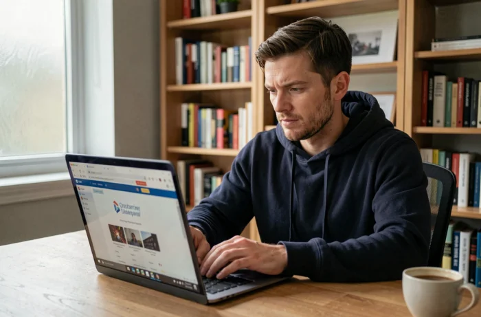 Homme consultant en toute sécurité une nouvelle adresse de site web sur son ordinateur portable à domicile