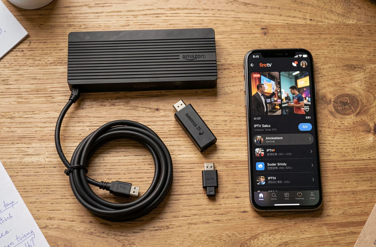 Vue aérienne d'un bureau avec clé Fire TV Stick, routeur Wi-Fi, câble HDMI et smartphone affichant une interface IPTV