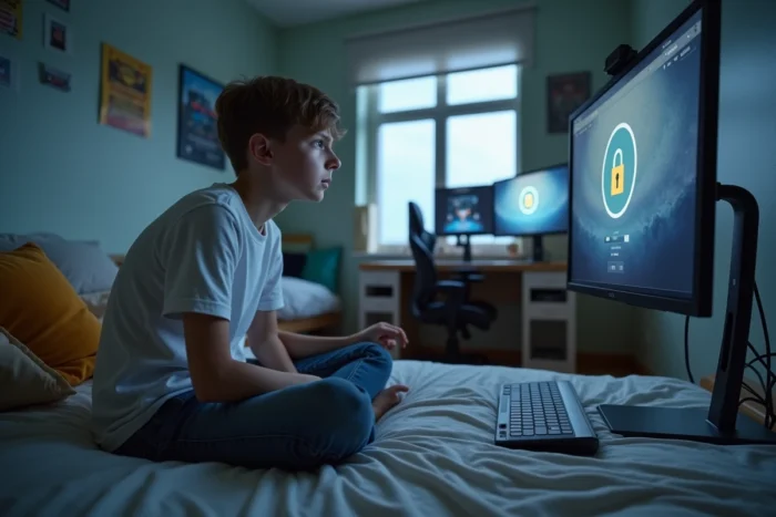Adolescent frustré face à un site géo-restreint sur son ordinateur de bureau dans sa chambre