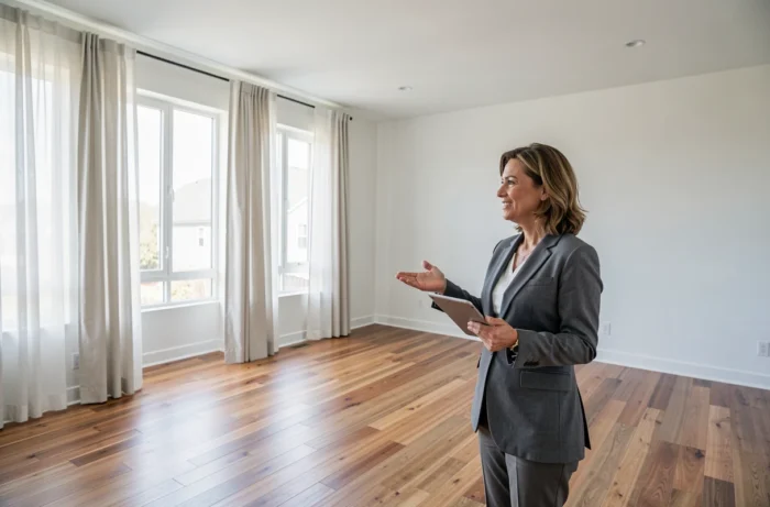 Agente immobilière présentant un appartement vide lumineux avec parquet et grandes fenêtres lors d'une visite