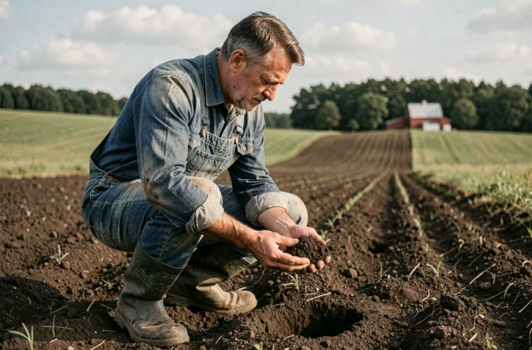Agriculteur examinant la qualité du sol d'un terrain agricole lors d'un projet d'achat foncier