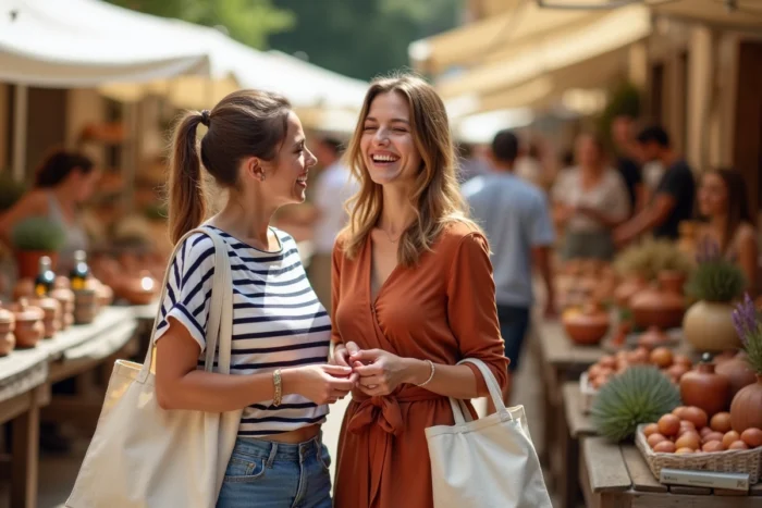 Deux amies découvrant des produits artisanaux et de la poterie locale au marché provençal d'Aix-en-Provence