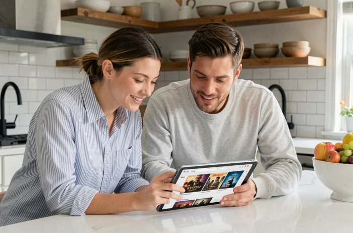 Deux amis parcourant ensemble un catalogue de streaming sur une tablette dans une cuisine moderne