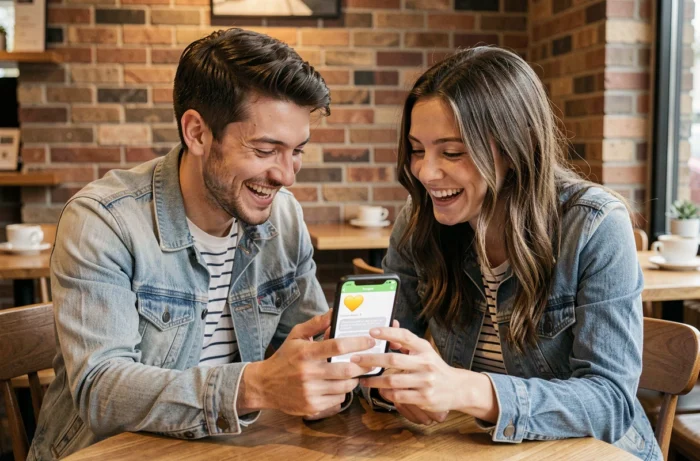 Deux amis riant ensemble en regardant un emoji cœur jaune sur Snapchat dans un café