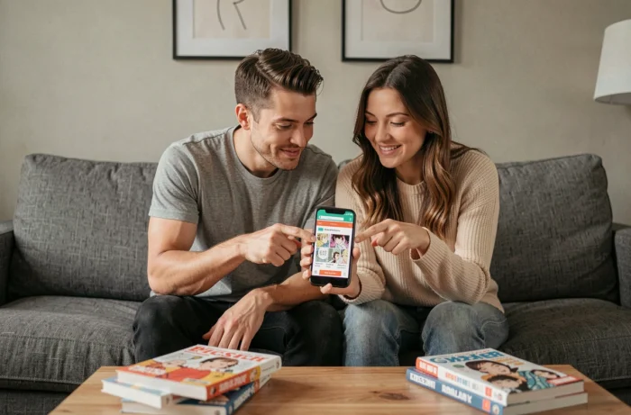 Deux amis parcourant ensemble un site de scans manga sur smartphone dans un salon moderne
