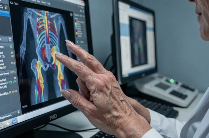 Gros plan sur les mains d'une radiologue analysant une image d'ostéodensitométrie sur un écran médical haute définition
