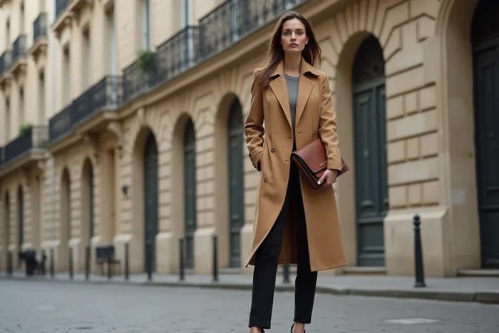 Animatrice de télévision en manteau camel posant devant un immeuble haussmannien parisien