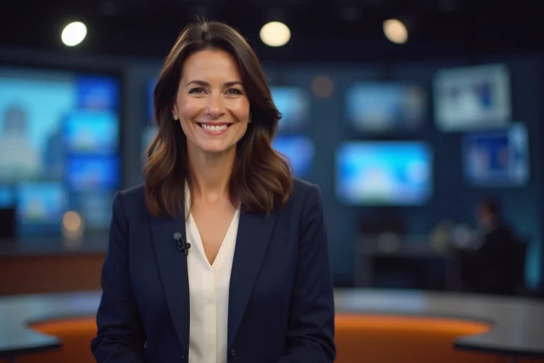 Animatrice TV française souriante dans un studio de télévision moderne, portant un blazer marine élégant