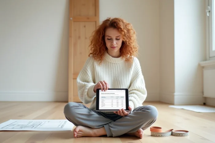 Femme utilisant une application tablette pour calculer la surface d'une pièce en mètres carrés