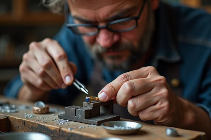 Artisan joaillier sertissant un saphir dans une bague en or contemporaine dans son atelier traditionnel, symbolisant le savoir-faire artisanal de la bijouterie moderne