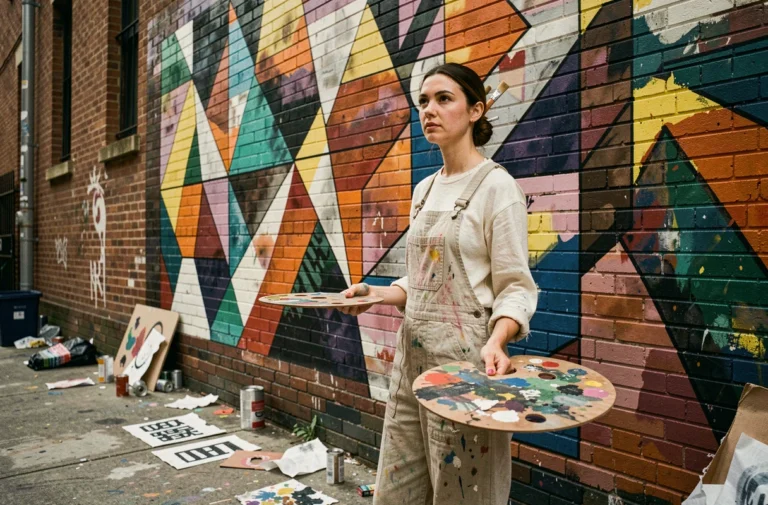 Artiste murale femme devant une fresque abstraite colorée dans une ruelle urbaine, mains tachées de peinture, ambiance art alternatif