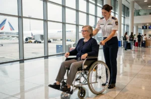 Femme en fauteuil roulant assistée par un agent Air France dans un terminal d'aéroport moderne