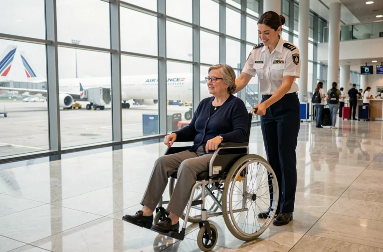 Femme en fauteuil roulant assistée par un agent Air France dans un terminal d'aéroport moderne