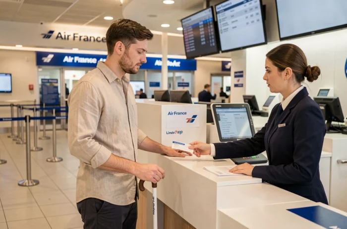 Voyageur malvoyant avec canne blanche aidé par un agent Air France au comptoir d'enregistrement