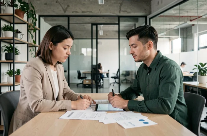 Deux associés collaborant sur un plan d'affaires à petit budget dans un espace de coworking moderne