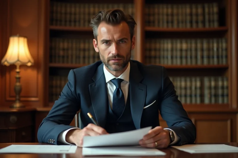 Avocat en costume marine examinant des documents juridiques dans un cabinet d'avocat français, illustration des sanctions légales liées aux violences physiques