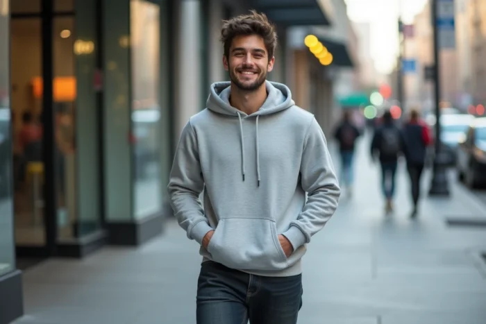 Jeune homme souriant marchant dans une rue urbaine moderne, représentant l'image de la beauté masculine naturelle et accessible dans la culture populaire