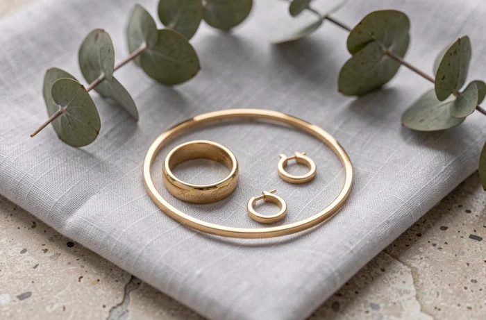 Bijoux en plaqué or disposés en flat lay sur tissu gris élégant