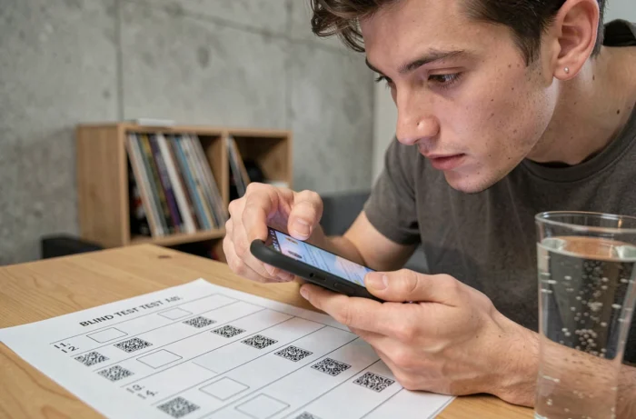 Fiche de blind test écrit avec QR codes intégrés scannée par un participant à la soirée