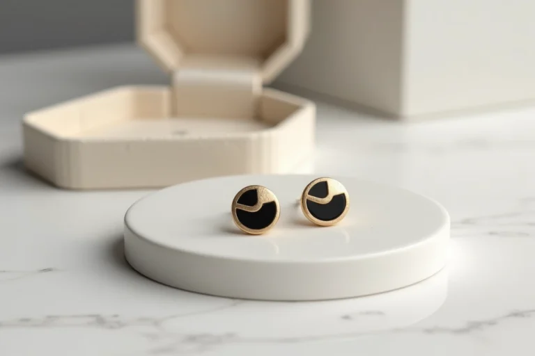 Boucles d'oreilles en or géométriques asymétriques posées sur une surface en céramique blanche, représentant l'élégance des bijoux contemporains