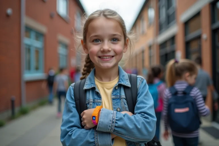 Jeune fille portant un bracelet GPS coloré à l'entrée de son école, illustrant la protection quotidienne des enfants