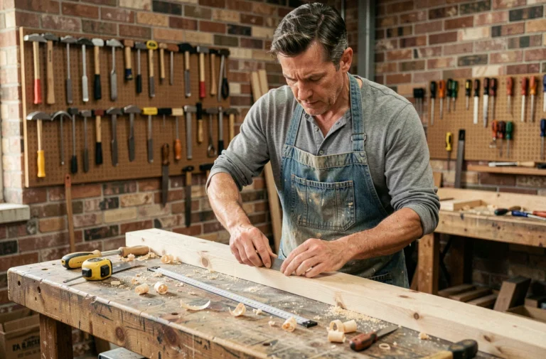 Homme bricoleur en atelier mesurant une planche en bois avec des outils de menuiserie posés sur un établi