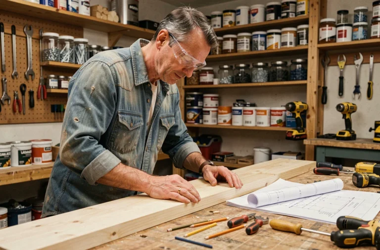 Homme bricoleur mesurant une planche en bois dans un atelier de garage avec des outils rangés autour de lui
