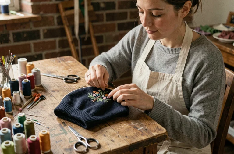 Femme brodant un bonnet personnalisé en laine marine dans un atelier artisanal chaleureux
