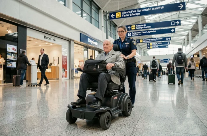 Passager âgé transporté en buggy d'assistance mobilité réduite dans un aéroport Air France