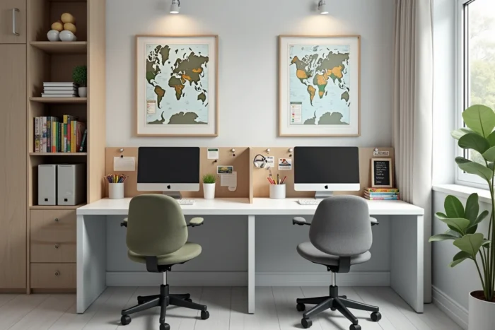 Espace bureau double pour deux garçons dans une chambre partagée avec séparation pegboard et organisation personnalisée