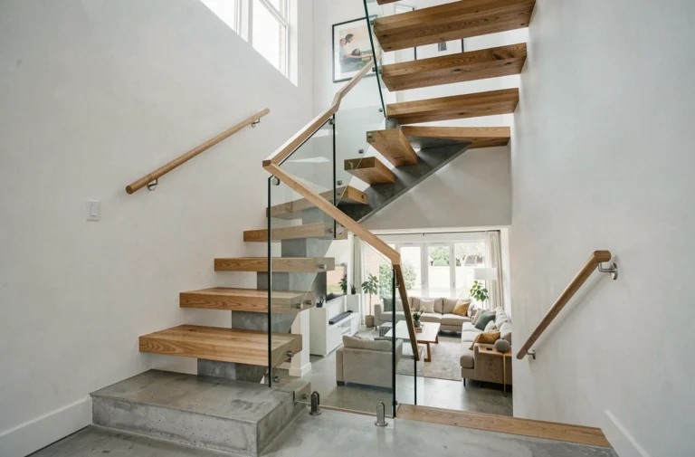Vue d'ensemble d'une cage d'escalier moderne aménagée avec bois, verre et art mural dans un intérieur contemporain