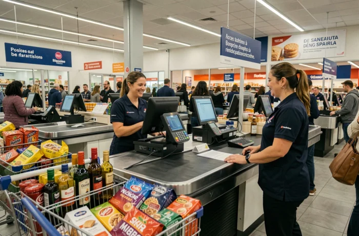 Caisse du magasin Dancharia avec clients et caissières lors de l'ouverture du nouveau point de vente