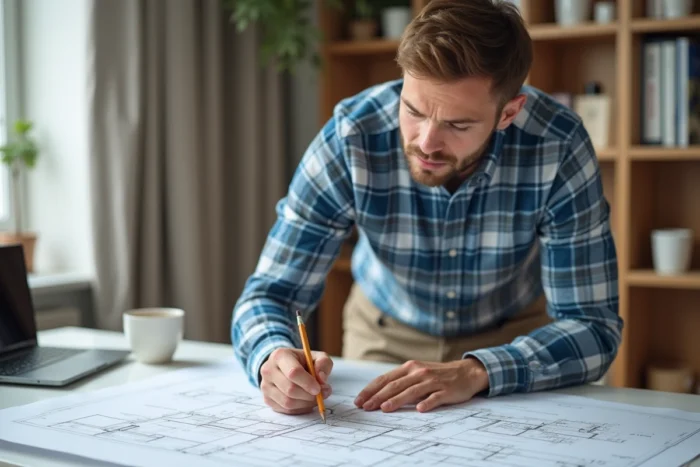 Homme calculant la surface en m2 sur des plans d'architecte avec une règle et un crayon