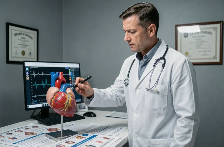 Cardiologue expliquant un modèle anatomique du cœur dans un cabinet médical moderne