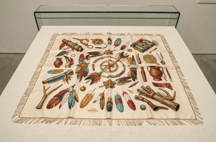 Carré Hermès Les Amériques de Kermit Oliver étalé montrant les motifs amérindiens en ocre, turquoise et rouge profond sur lin crème