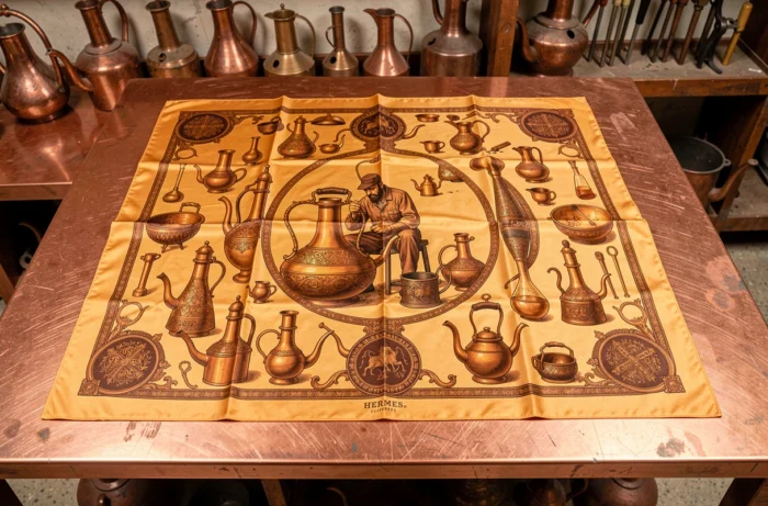 Carré Hermès Cuivreries déplié à plat sur table en cuivre poli montrant les motifs d'alambics et chaudronnerie en ambre et brun chaud