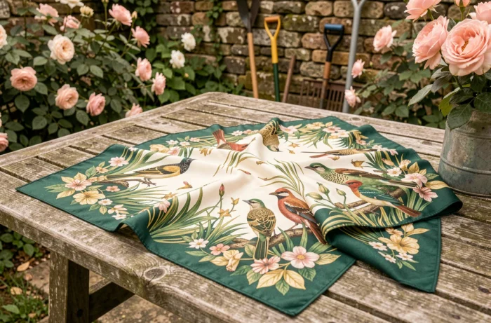 Carré Hermès Dans un Jardin Anglais d'Alice Shirley posé sur table en bois patiné montrant des oiseaux exotiques parmi fleurs botaniques en vert émeraude et or