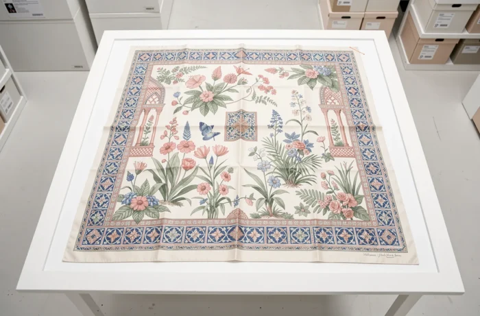 Carré Hermès Les Jardins d'Andalousie d'Aline Honoré épinglé à plat sur carton blanc montrant les motifs botaniques et azulejos en rose, vert sauge et cobalt