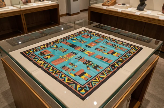 Carré Hermès Kachinas exposé dans une vitrine de musée montrant les figures de divinités Hopi en turquoise, terracotta et jaune soleil