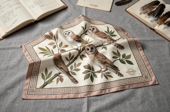 Carré Hermès Petit Duc déployé sur lin gris archival montrant des illustrations naturalistes de petits ducs sur branches en taupe, ivoire et noir d'encre