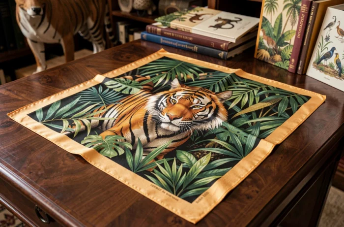 Carré Hermès Tigre du Bengale de Robert Dallet ouvert sur table en acajou avec tigre central entouré de feuillage tropical vibrant