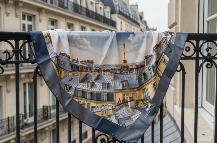 Carré Hermès Les Toits de Paris de Dimitri Rybaltchenko drapé sur un balcon haussmannien avec les toits en zinc et la Tour Eiffel imprimés en bleu acier