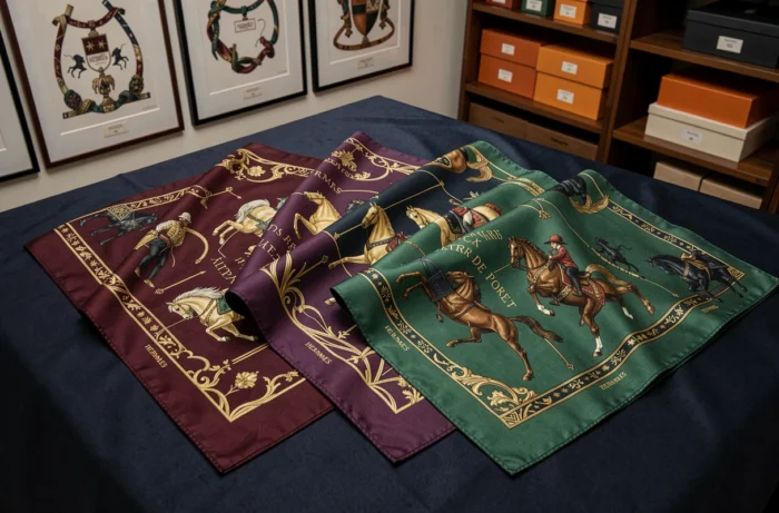 Collection de carrés Hermès Xavier de Poret disposés en éventail sur soie marine avec motifs équestres et héraldiques en bordeaux, vert forêt et or