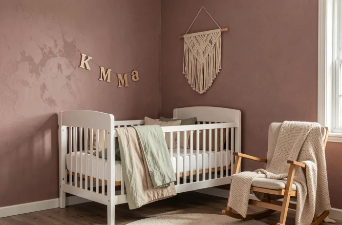 Chambre de bébé moderne et cosy avec berceau en bois blanc, literie en coton bio vert sauge, suspension macramé et lettres décoratives en bois