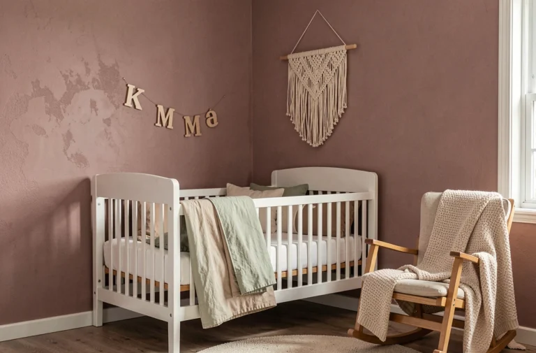 Chambre de bébé moderne et cosy avec berceau en bois blanc, literie en coton bio vert sauge, suspension macramé et lettres décoratives en bois