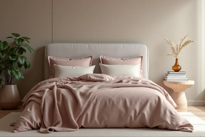 Chambre principale cosy avec tête de lit en lin rose poudré, literie texturée en coton et mur en enduit à la chaux naturel