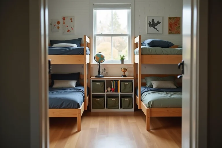 Chambre partagée pour deux garçons avec lits superposés en bois, literie colorée et rangements modulables bien organisés
