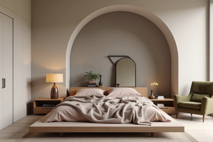 Chambre cocooning tendance avec lit plateforme en lin, niche de lecture en velours olive et miroir laiton vieilli pour une déco intérieure douce et moderne