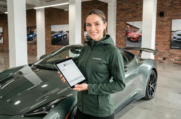 Chargée de projet Redracing Green tenant une tablette avec un formulaire de contact dans un showroom automobile moderne avec une voiture de sport