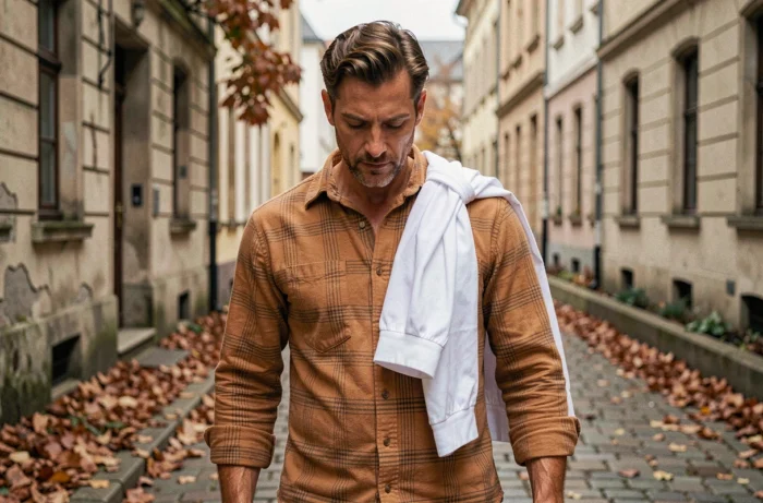 Homme portant une chemise en flanelle et une chemise en coton dans une rue pavée en automne
